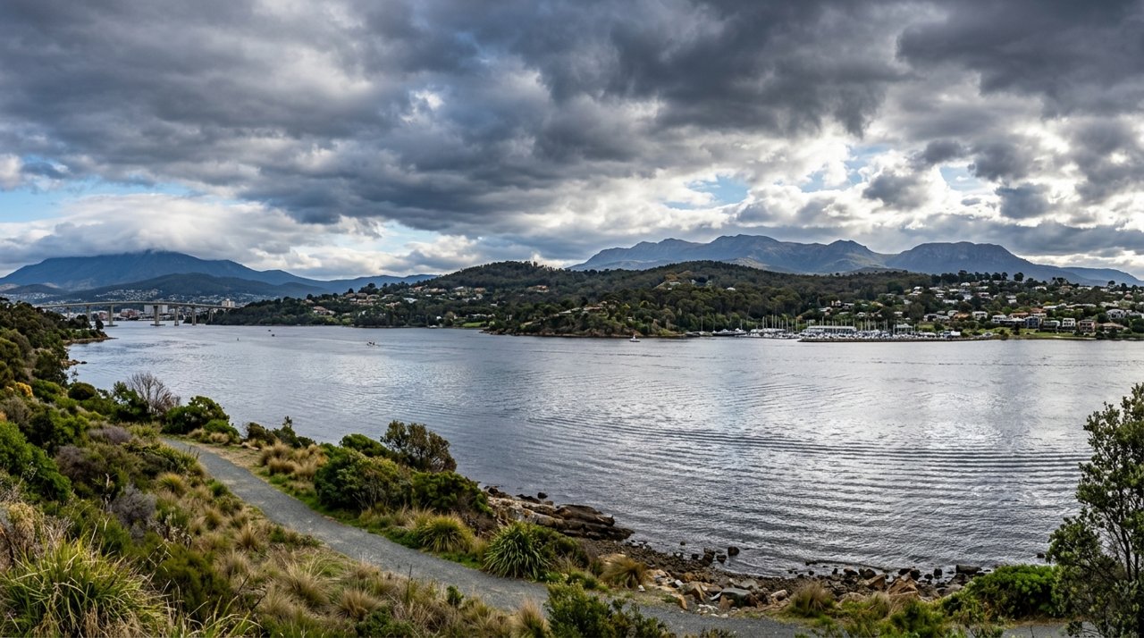the River Derwent and the Eastern Shore foreshore under a dramatic Tasmanian sky