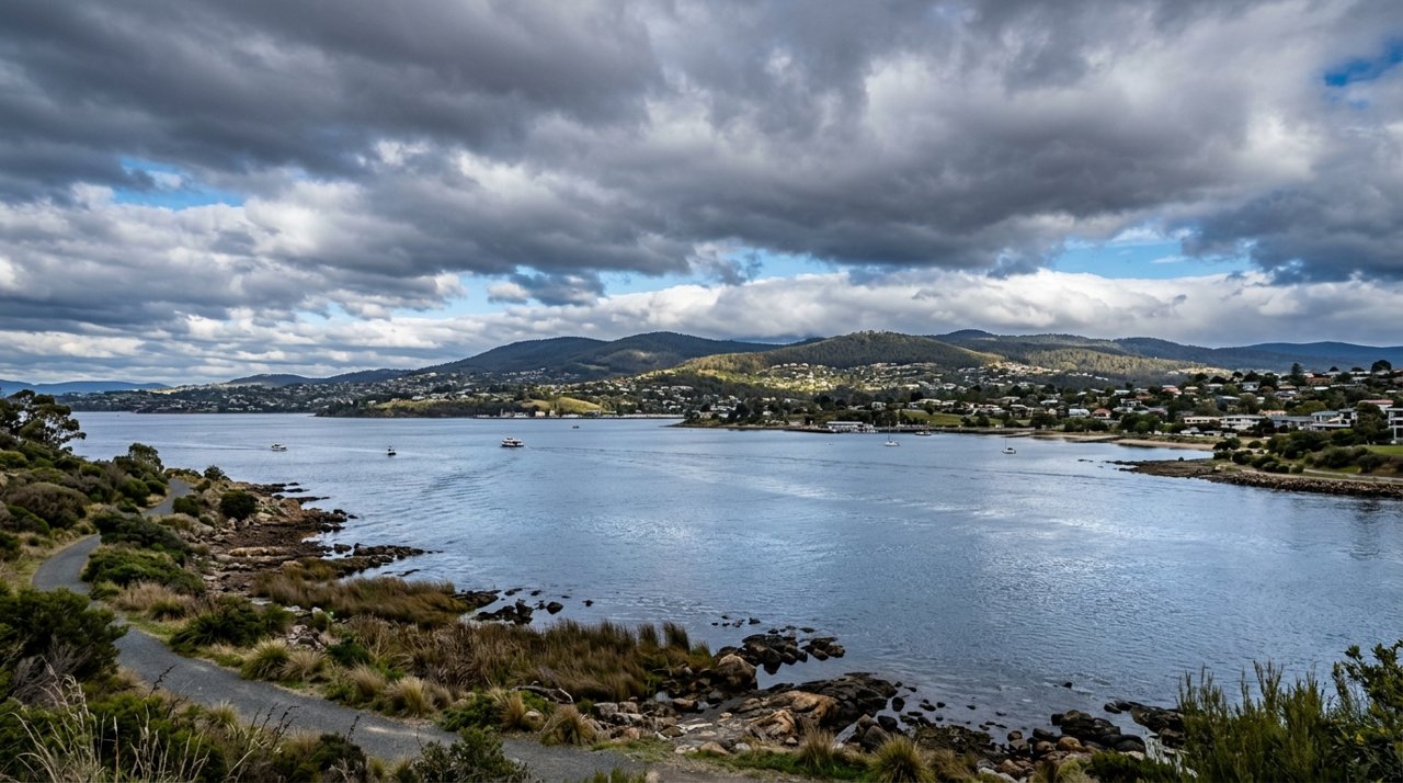 the River Derwent and the Eastern Shore foreshore under a dramatic Tasmanian sky