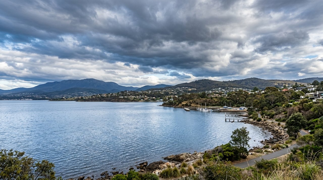 the River Derwent and the Eastern Shore foreshore under a dramatic Tasmanian sky
