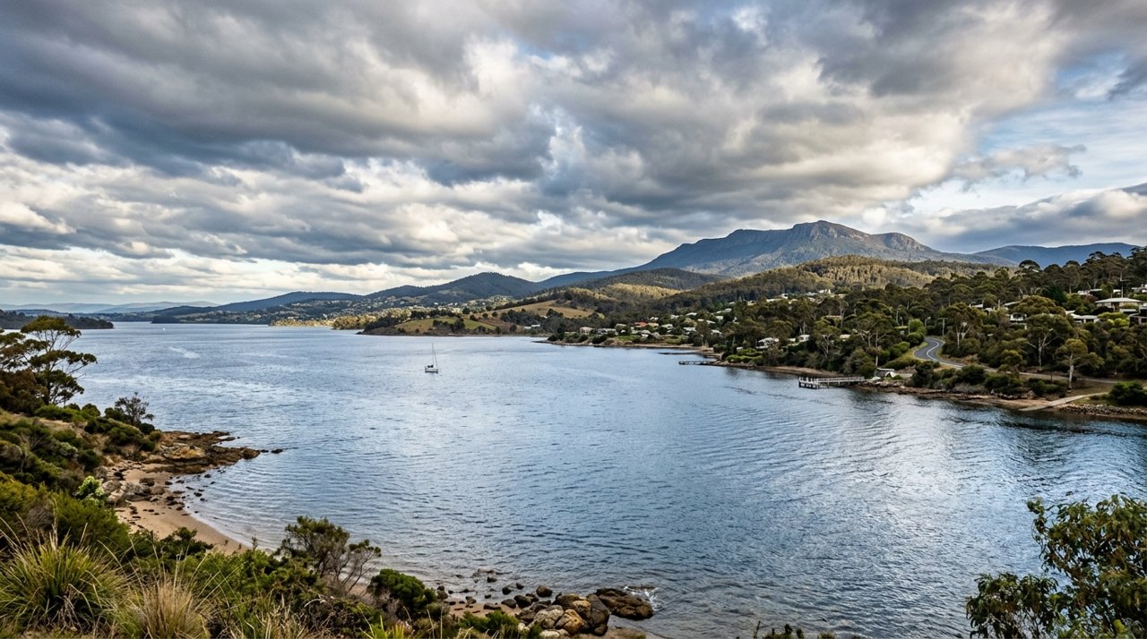 the River Derwent and the Eastern Shore foreshore under a dramatic Tasmanian sky