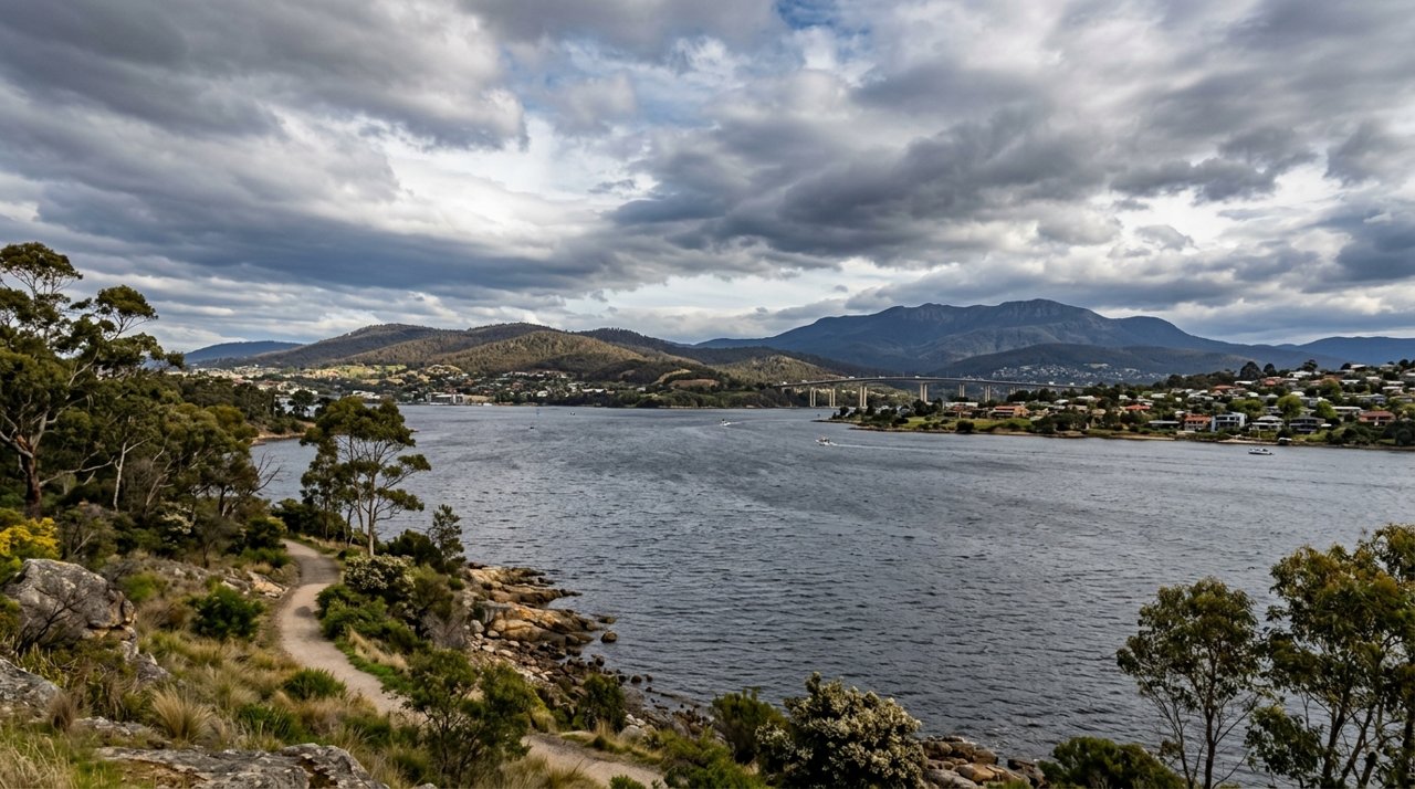 the River Derwent and the Eastern Shore foreshore under a dramatic Tasmanian sky