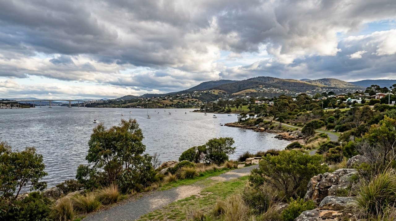 the River Derwent and the Eastern Shore foreshore under a dramatic Tasmanian sky