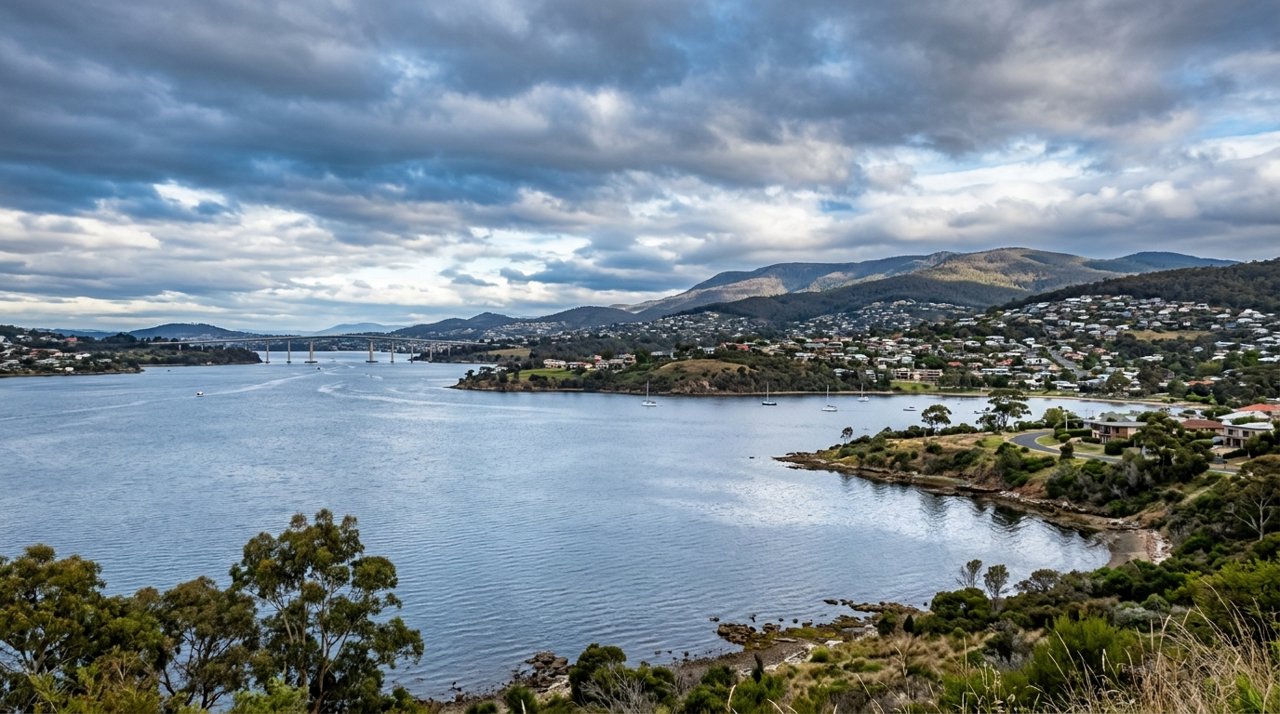 the River Derwent and the Eastern Shore foreshore under a dramatic Tasmanian sky