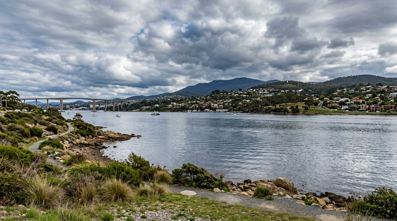 the River Derwent and the Eastern Shore foreshore under a dramatic Tasmanian sky