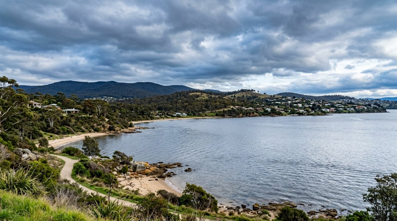 the River Derwent and the Eastern Shore foreshore under a dramatic Tasmanian sky