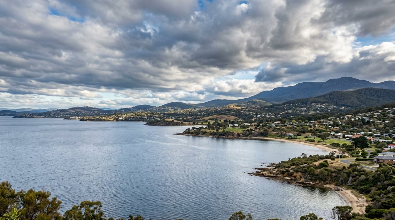 the River Derwent and the Eastern Shore foreshore under a dramatic Tasmanian sky