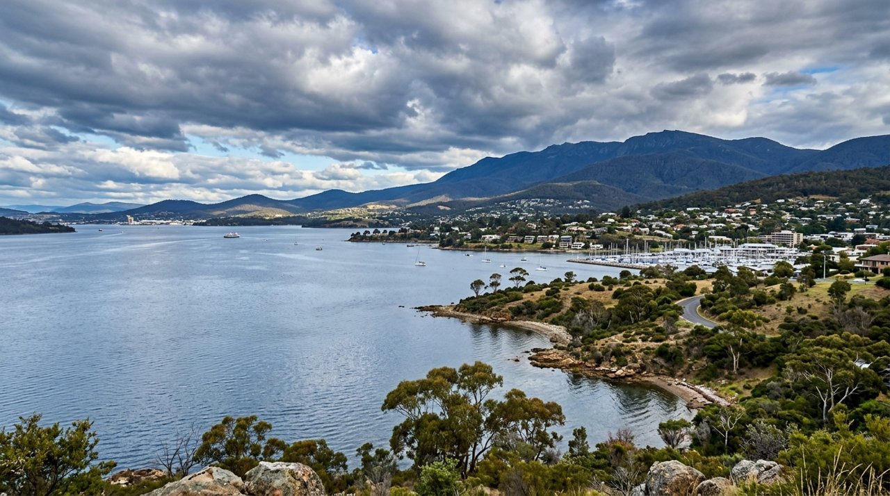 the River Derwent and the Eastern Shore foreshore under a dramatic Tasmanian sky