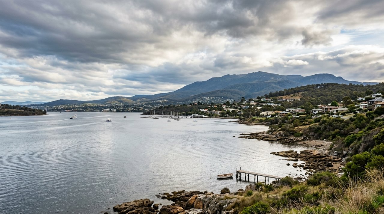 the River Derwent and the Eastern Shore foreshore under a dramatic Tasmanian sky