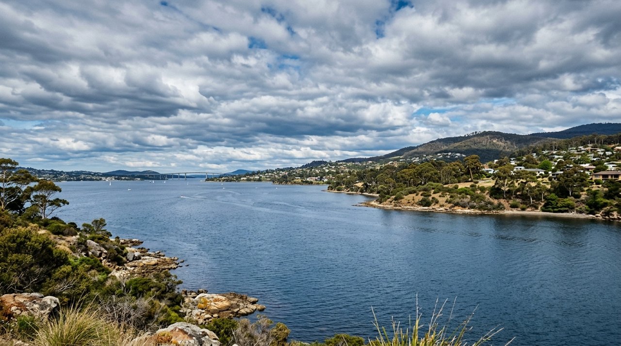 the River Derwent and the Eastern Shore foreshore under a dramatic Tasmanian sky