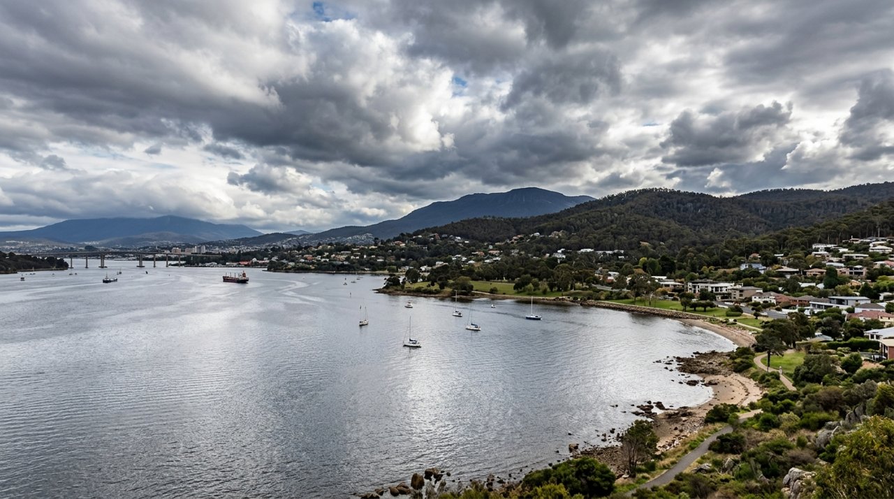 the River Derwent and the Eastern Shore foreshore under a dramatic Tasmanian sky