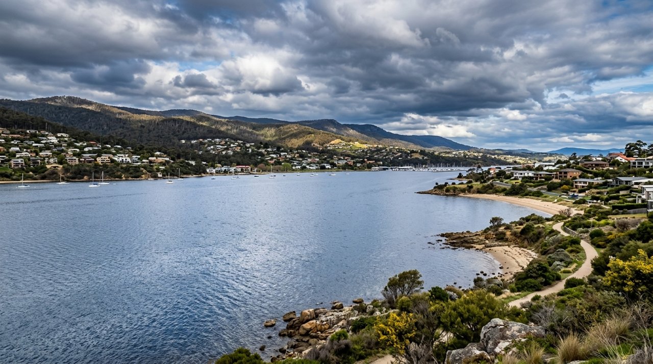 the River Derwent and the Eastern Shore foreshore under a dramatic Tasmanian sky