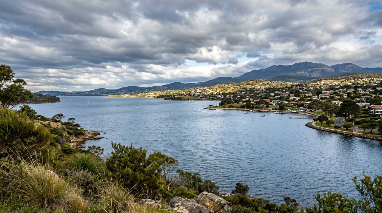 the River Derwent and the Eastern Shore foreshore under a dramatic Tasmanian sky