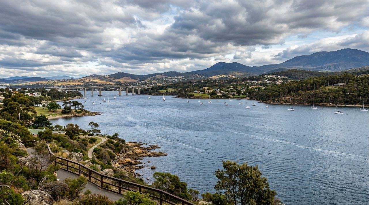 the River Derwent and the Eastern Shore foreshore under a dramatic Tasmanian sky