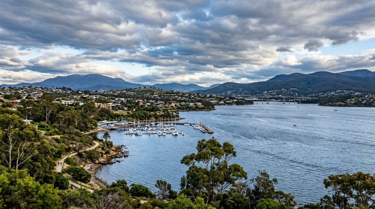 the River Derwent and the Eastern Shore foreshore under a dramatic Tasmanian sky