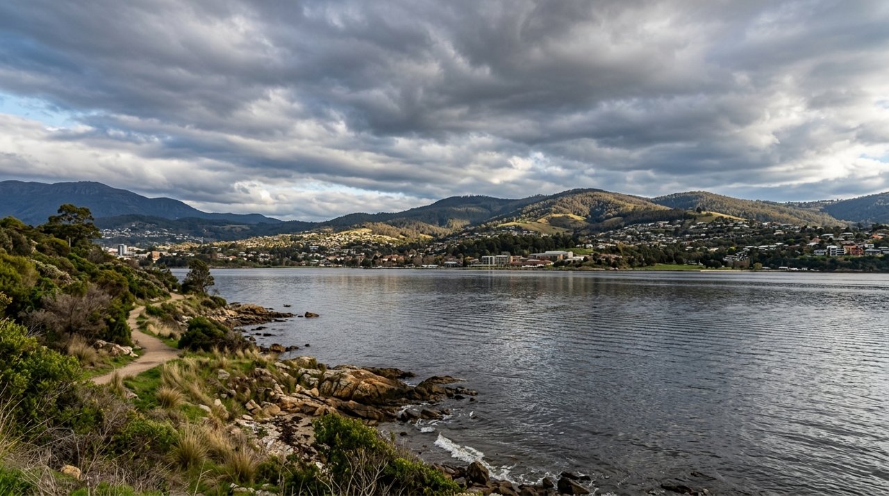 the River Derwent and the Eastern Shore foreshore under a dramatic Tasmanian sky