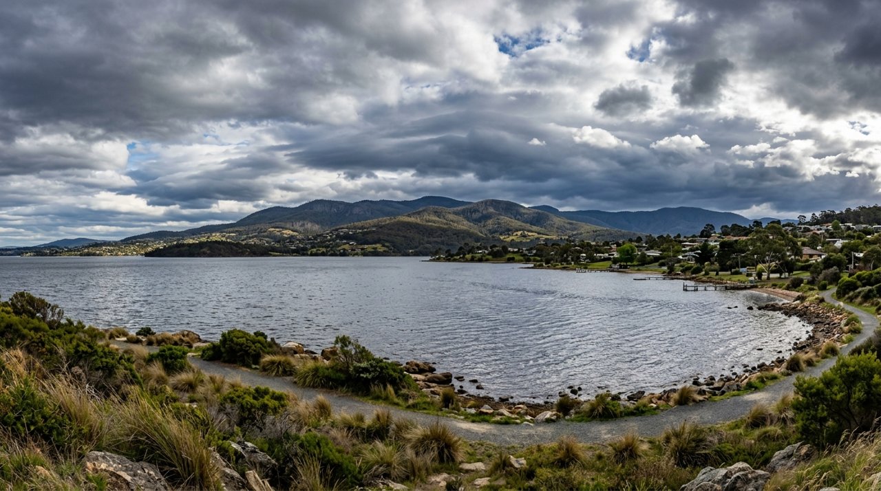 the River Derwent and the Eastern Shore foreshore under a dramatic Tasmanian sky
