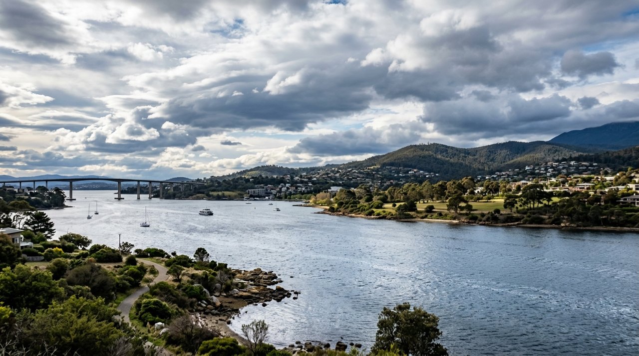 the River Derwent and the Eastern Shore foreshore under a dramatic Tasmanian sky