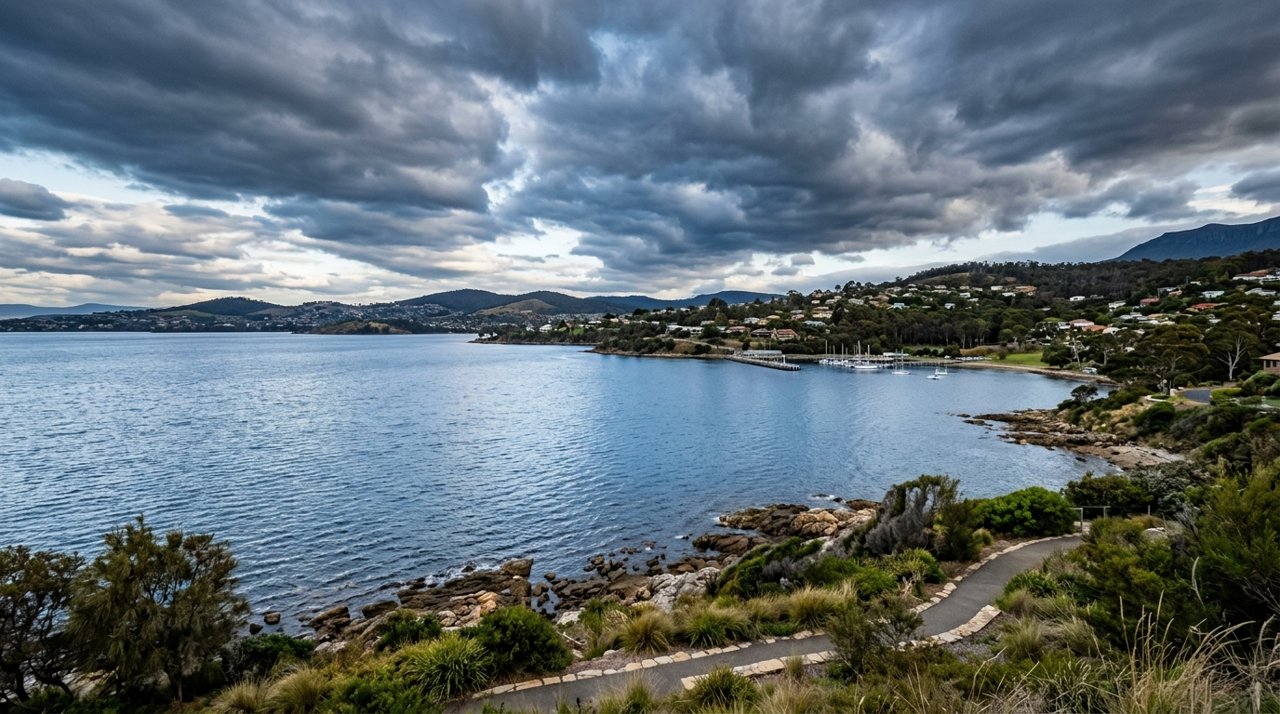 the River Derwent and the Eastern Shore foreshore under a dramatic Tasmanian sky