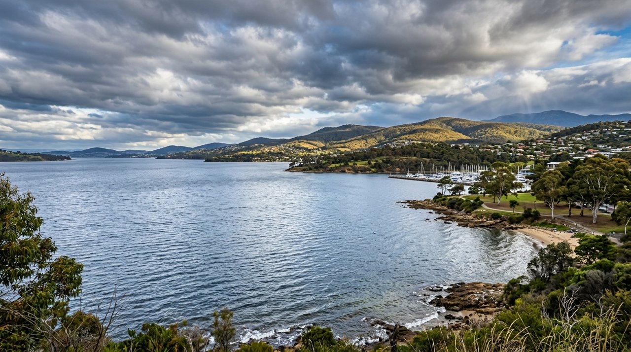 the River Derwent and the Eastern Shore foreshore under a dramatic Tasmanian sky