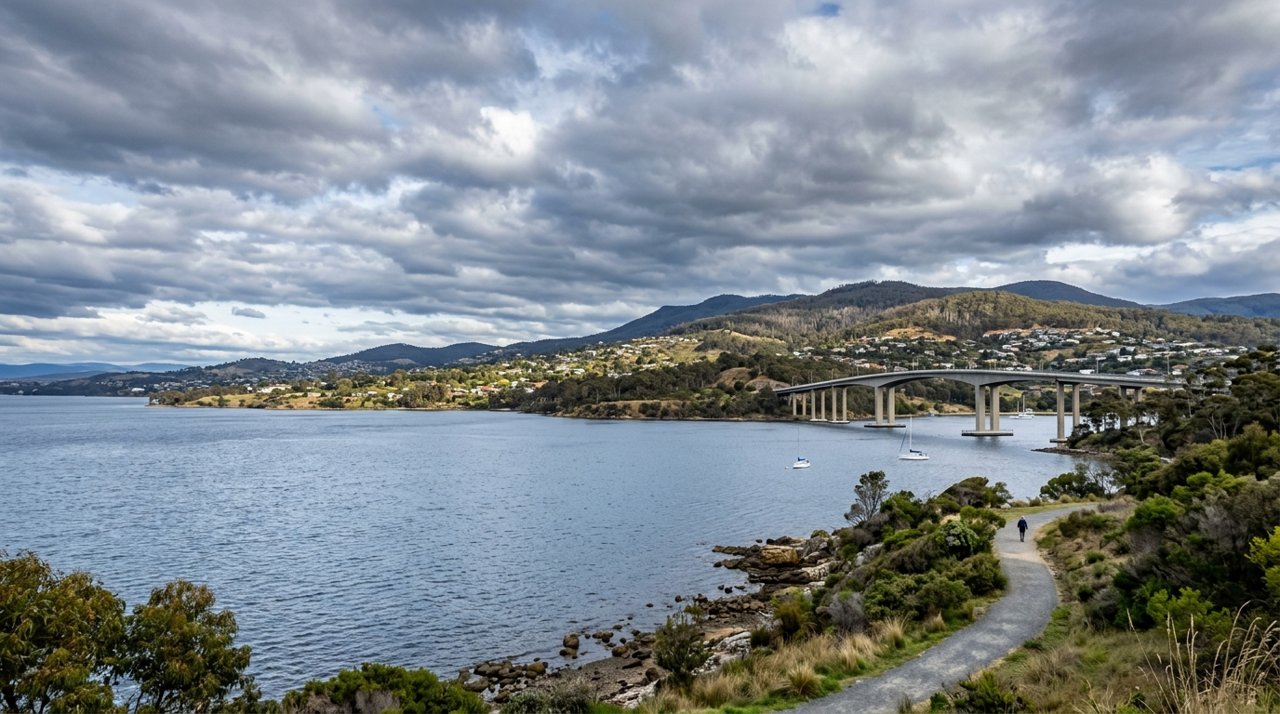 the River Derwent and the Eastern Shore foreshore under a dramatic Tasmanian sky