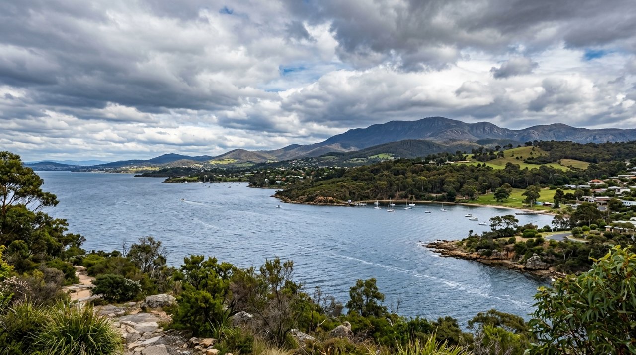 the River Derwent and the Eastern Shore foreshore under a dramatic Tasmanian sky