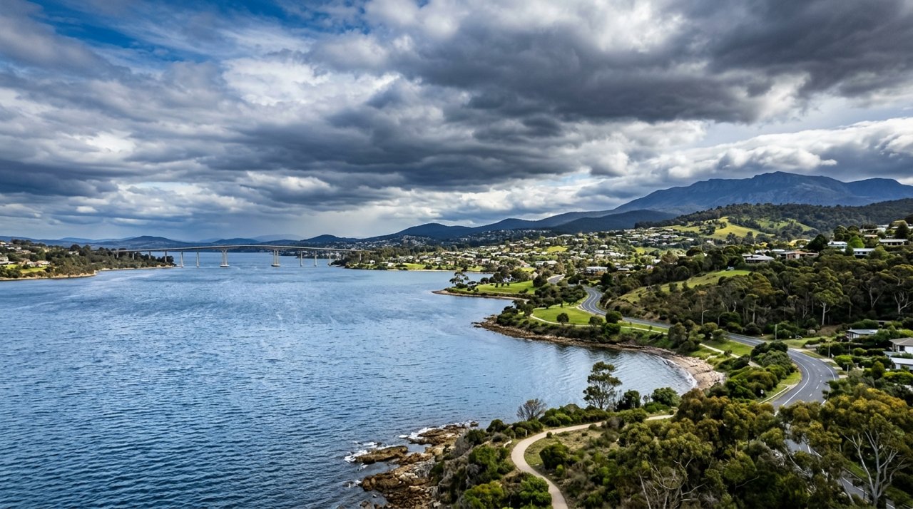 the River Derwent and the Eastern Shore foreshore under a dramatic Tasmanian sky