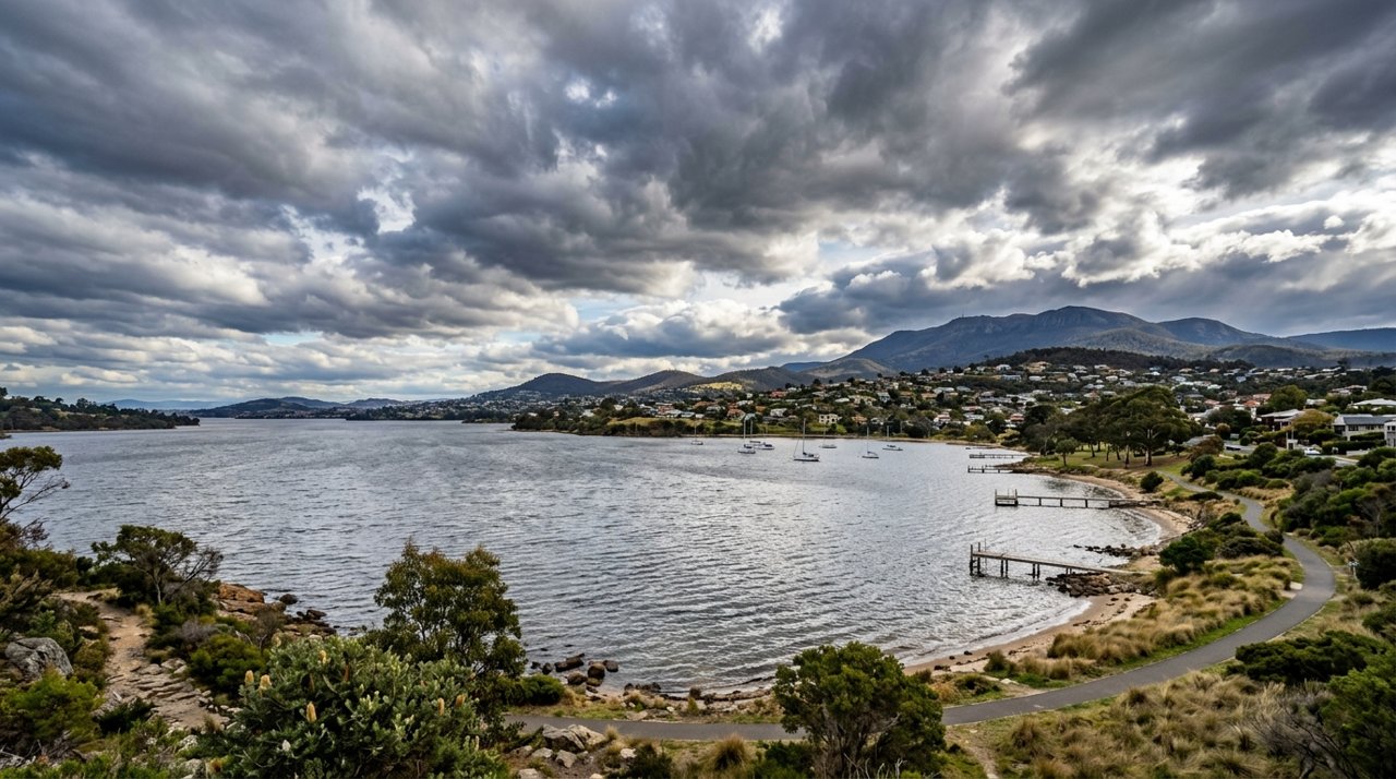 the River Derwent and the Eastern Shore foreshore under a dramatic Tasmanian sky