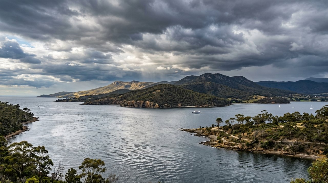 the River Derwent and the Eastern Shore foreshore under a dramatic Tasmanian sky