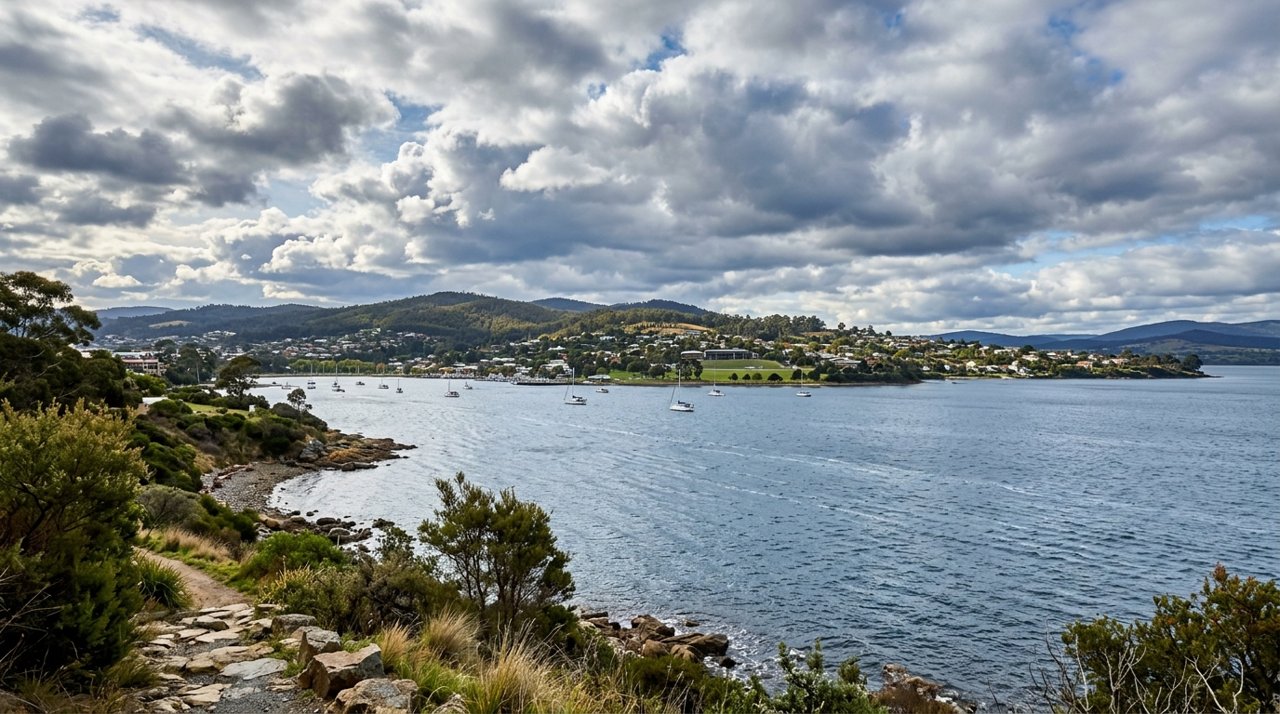 the River Derwent and the Eastern Shore foreshore under a dramatic Tasmanian sky