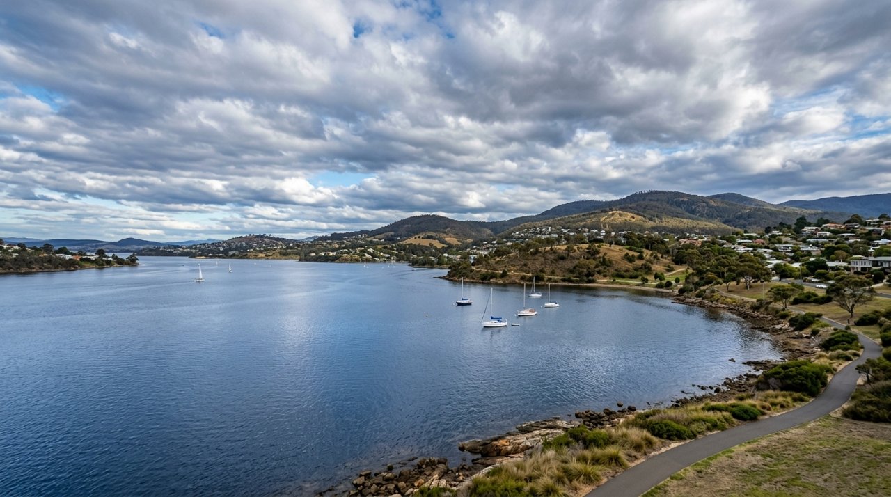 the River Derwent and the Eastern Shore foreshore under a dramatic Tasmanian sky