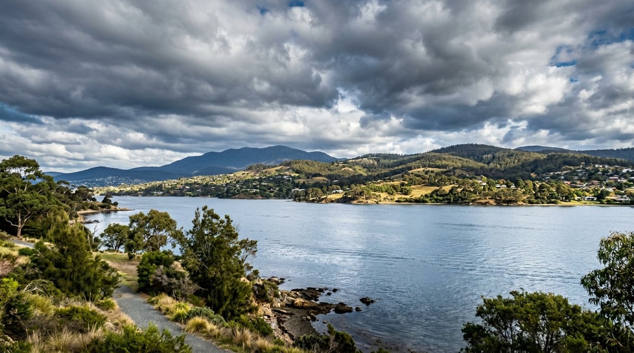 the River Derwent and the Eastern Shore foreshore under a dramatic Tasmanian sky
