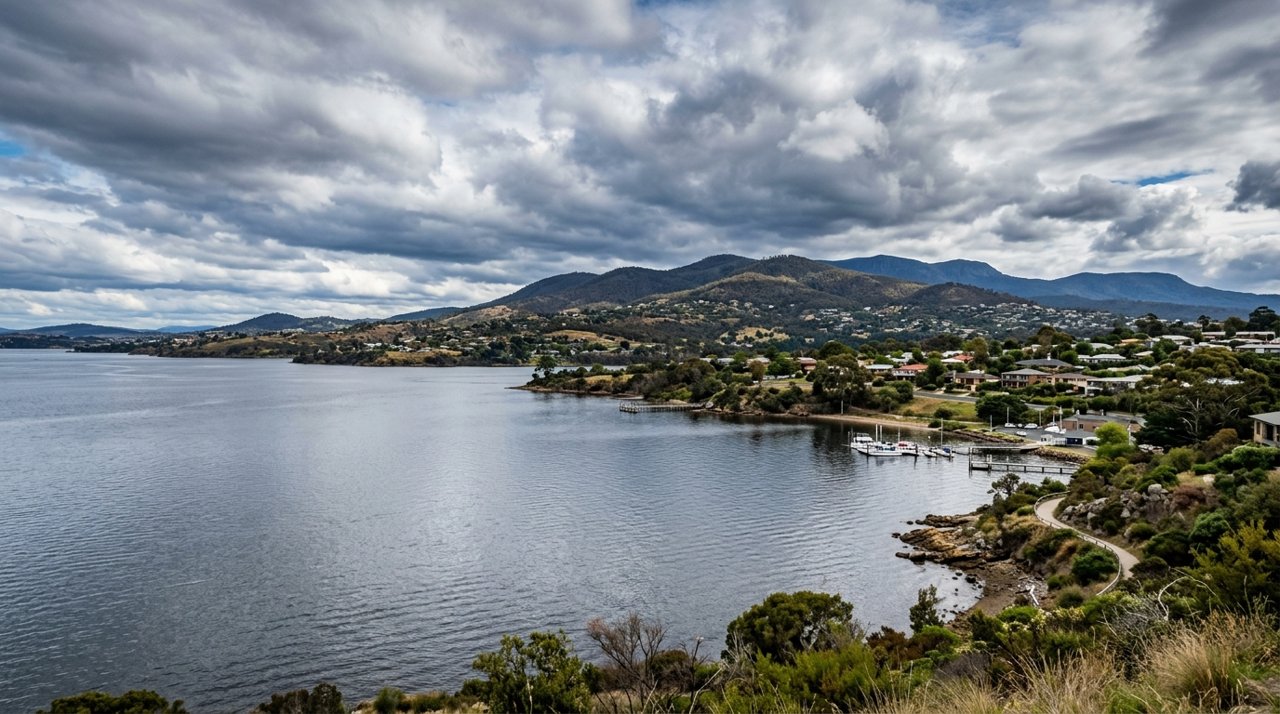 the River Derwent and the Eastern Shore foreshore under a dramatic Tasmanian sky