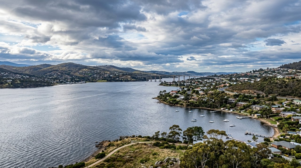 the River Derwent and the Eastern Shore foreshore under a dramatic Tasmanian sky