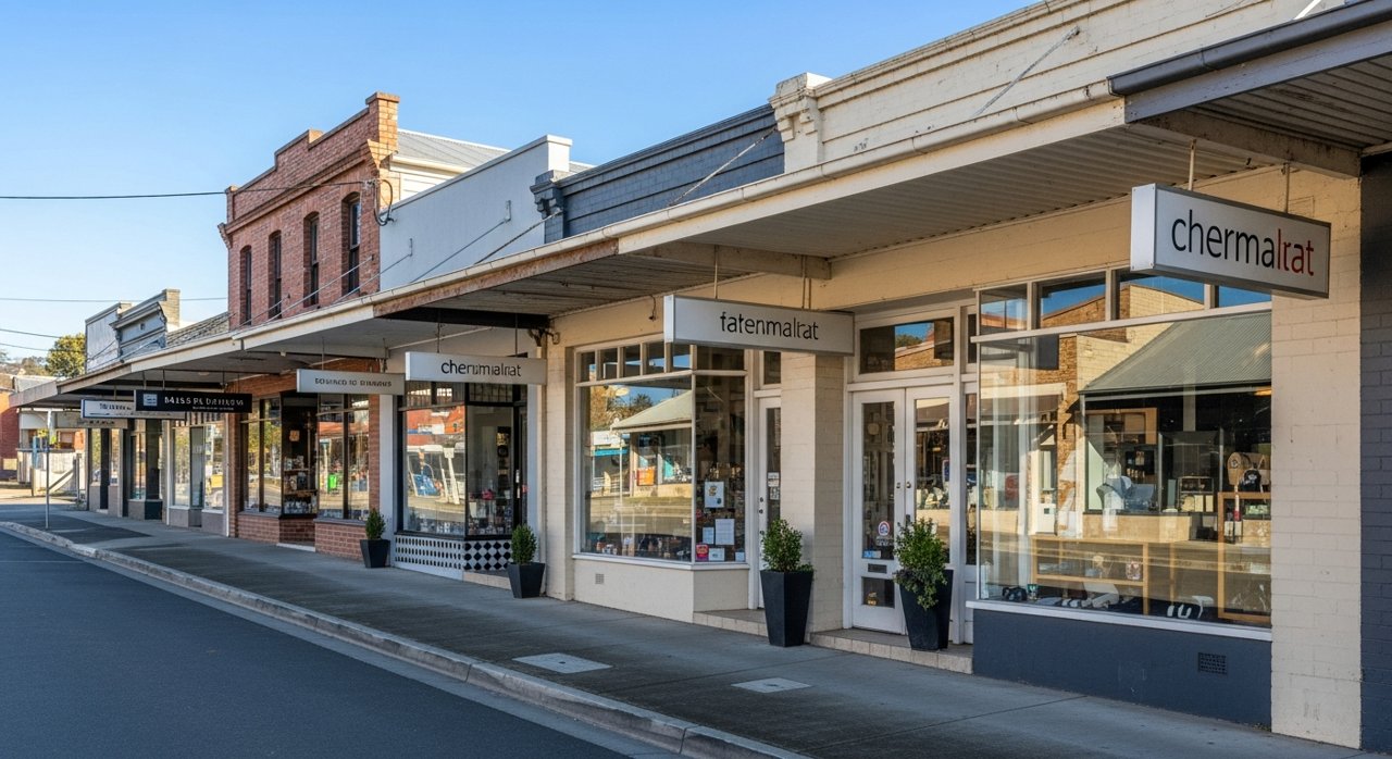 a quiet local high-street shopfront row in a Hobart Eastern Shore suburb, daytime, no identifiable people