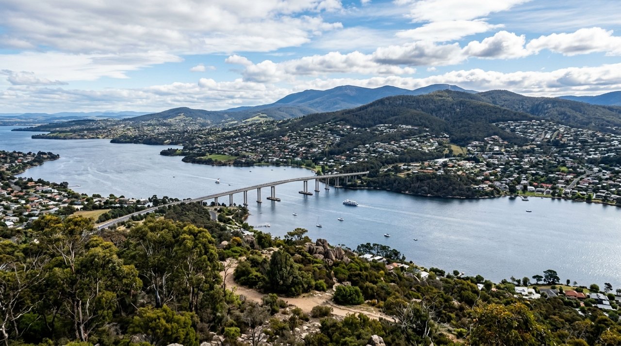 a scenic view of the River Derwent estuary and Hobart's Eastern Shore, Tasmania