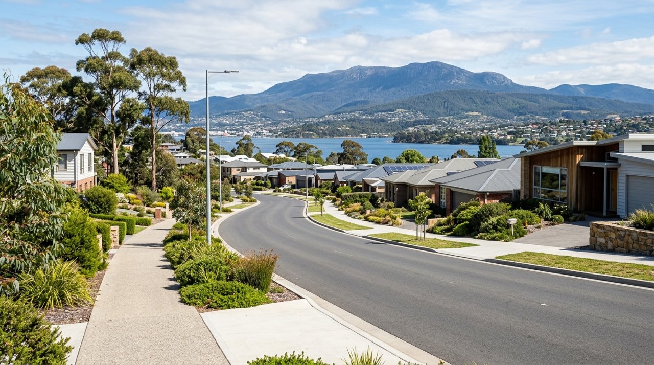 a modern Tasmanian suburban civic streetscape on Hobart's Eastern Shore, daytime, no identifiable people