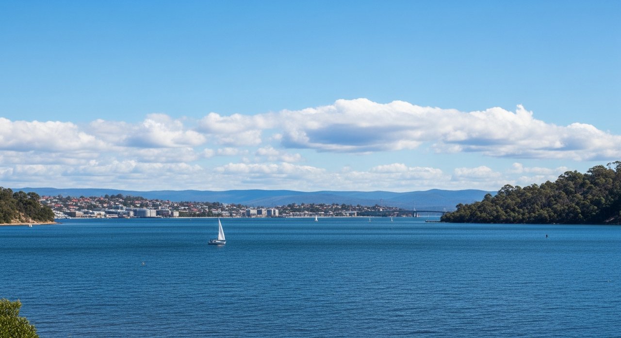 a scenic view of the River Derwent estuary and Hobart's Eastern Shore, Tasmania
