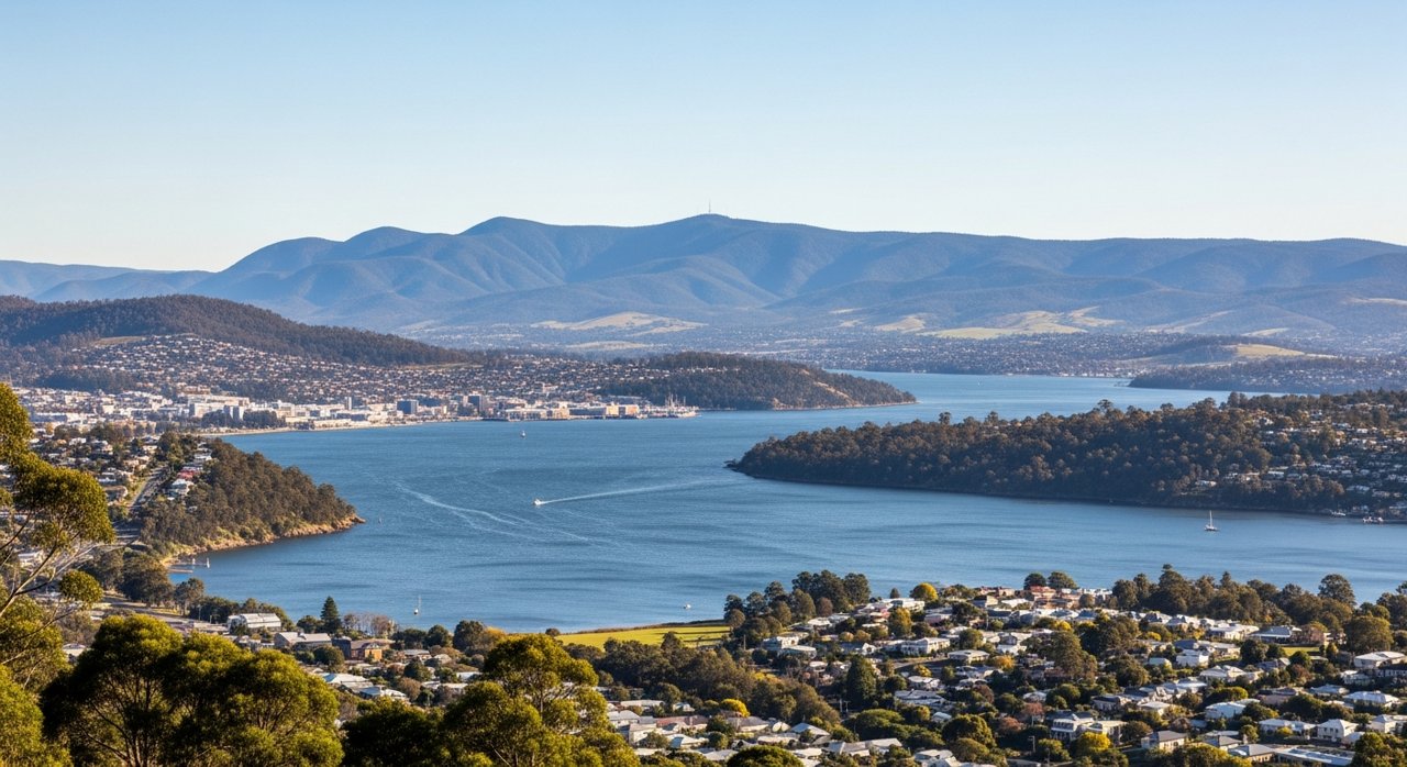 a scenic view of the River Derwent estuary and Hobart's Eastern Shore, Tasmania