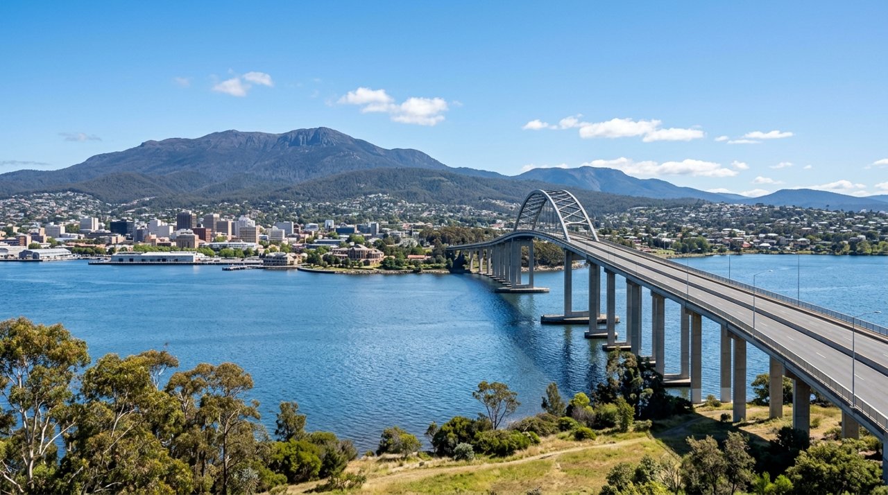 the Tasman Bridge spanning the River Derwent at Hobart on a clear day, wide shot, no people