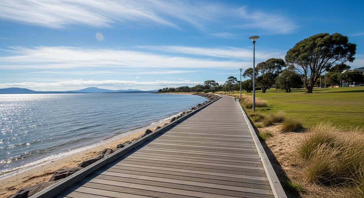 the Bellerive Beach foreshore boardwalk on Hobart's Eastern Shore on a sunny day