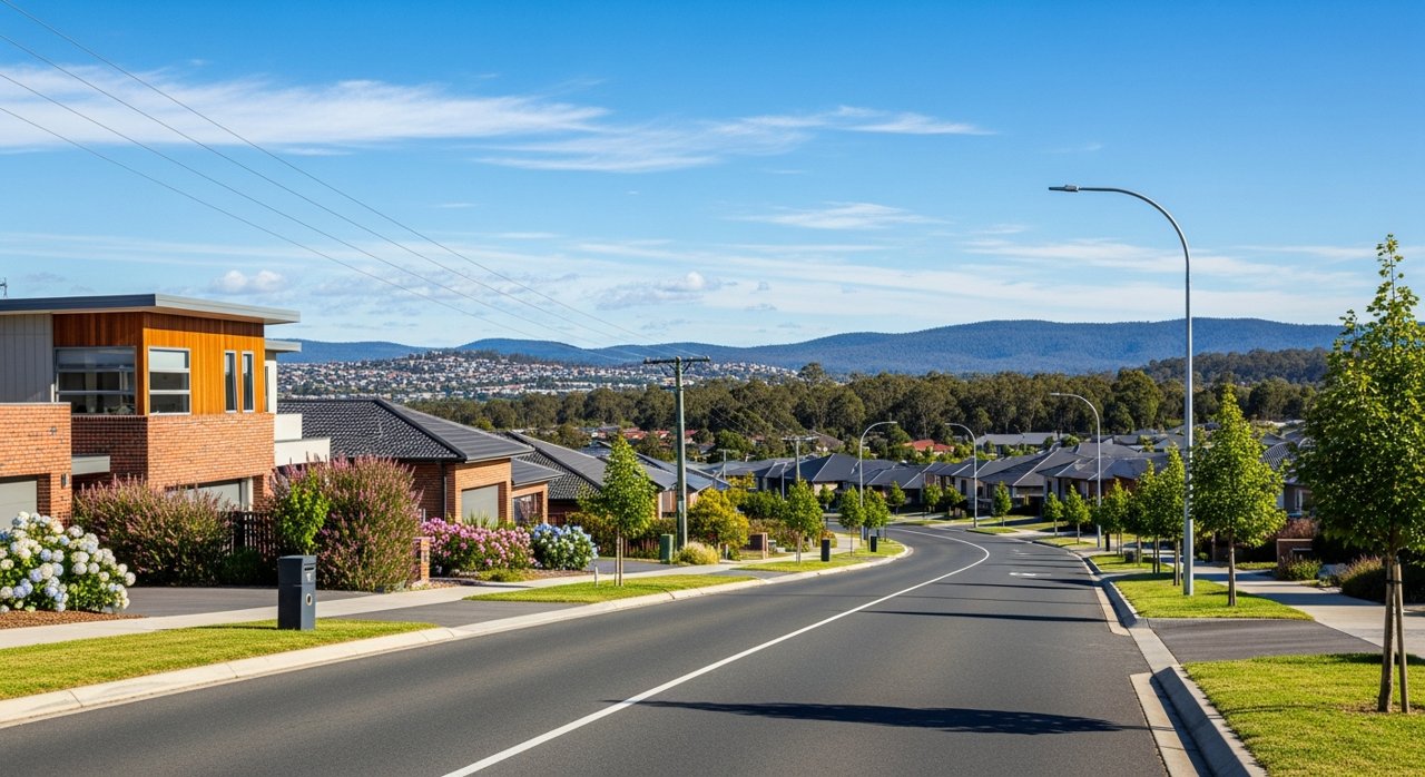 a modern Tasmanian suburban civic streetscape on Hobart's Eastern Shore, daytime, no identifiable people