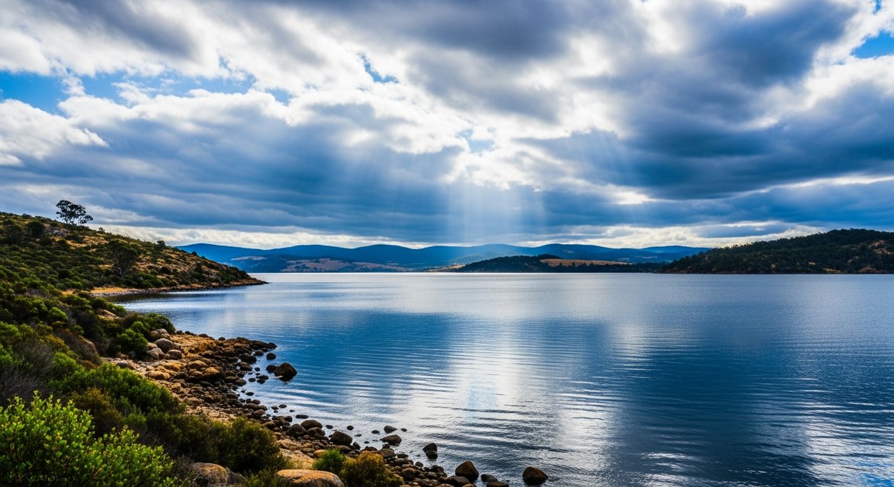 the River Derwent and the Eastern Shore foreshore under a dramatic Tasmanian sky