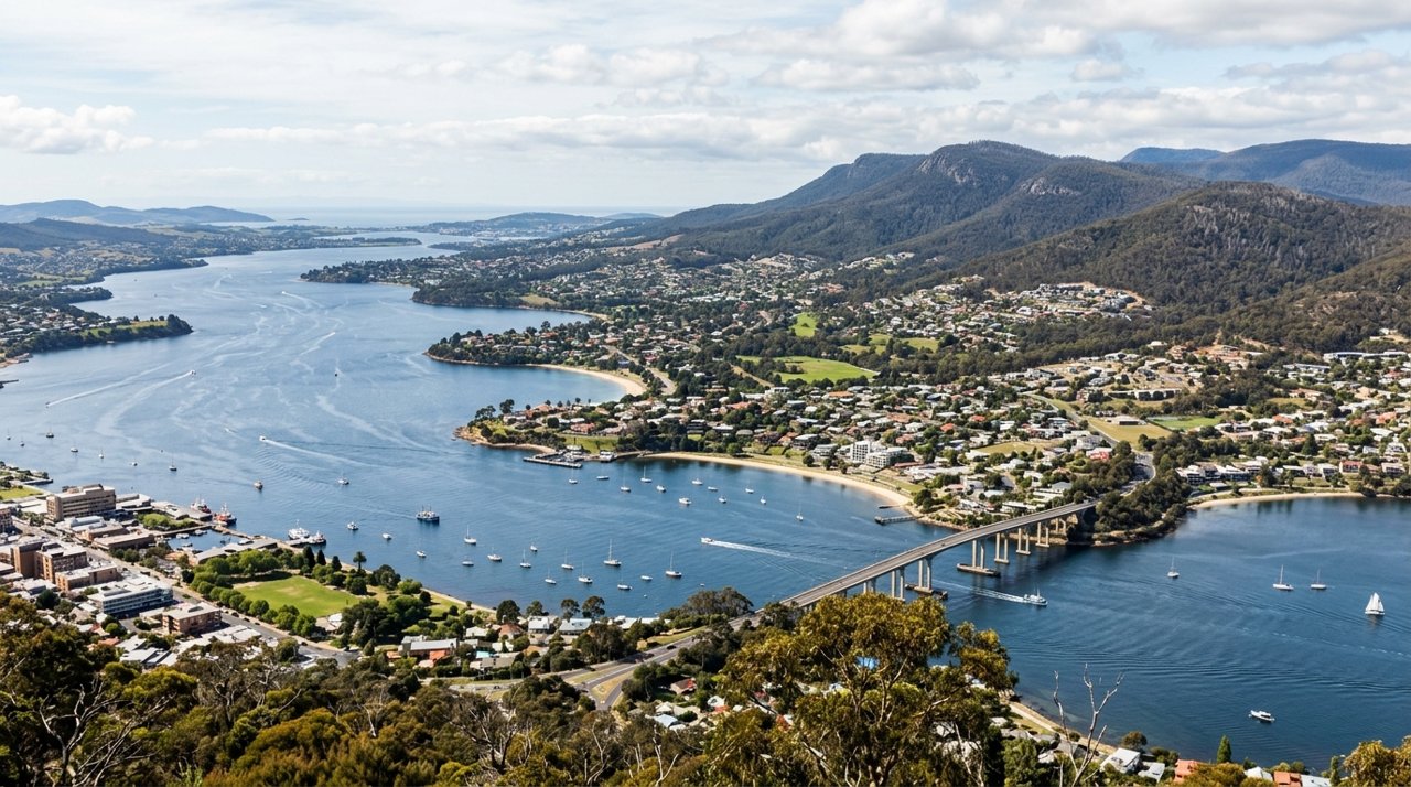 a scenic view of the River Derwent estuary and Hobart's Eastern Shore, Tasmania