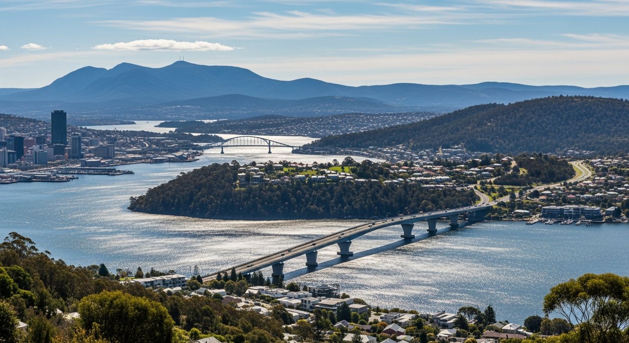 a scenic view of the River Derwent estuary and Hobart's Eastern Shore, Tasmania