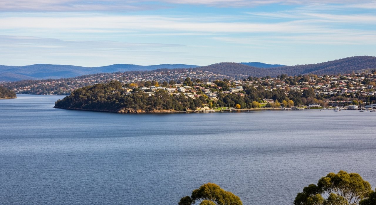 a scenic view of the River Derwent estuary and Hobart's Eastern Shore, Tasmania