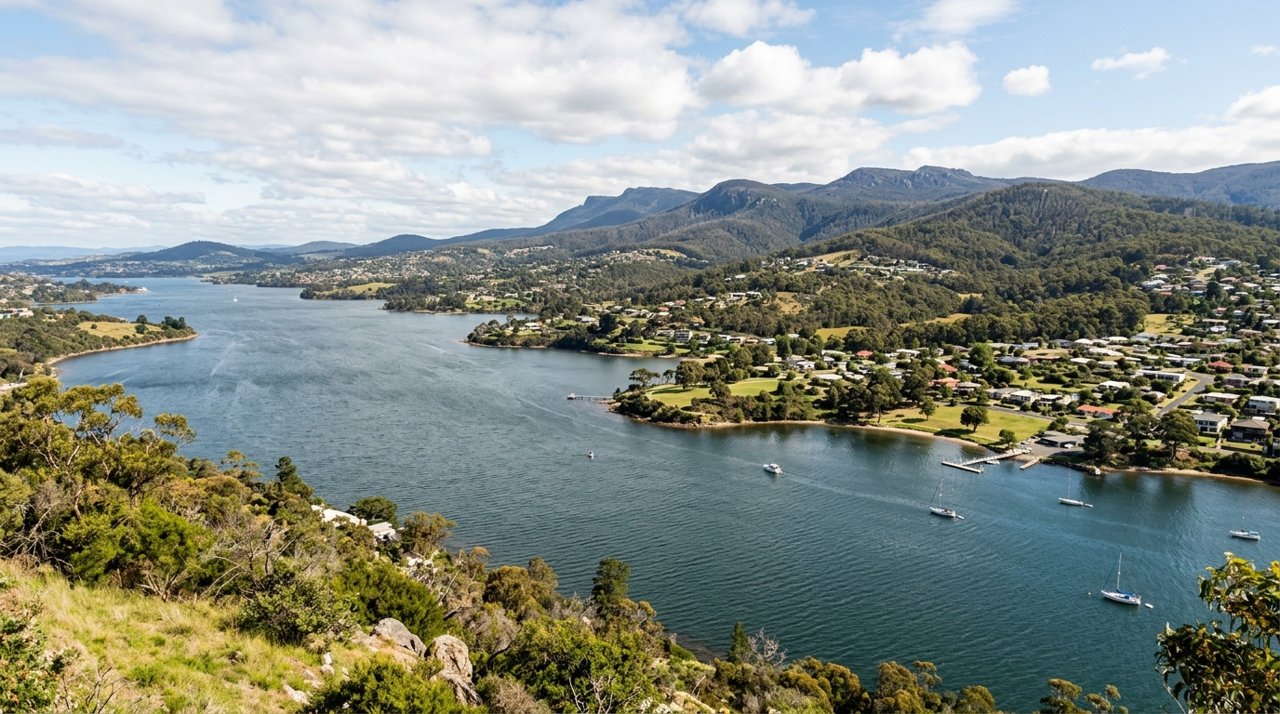 a scenic view of the River Derwent estuary and Hobart's Eastern Shore, Tasmania