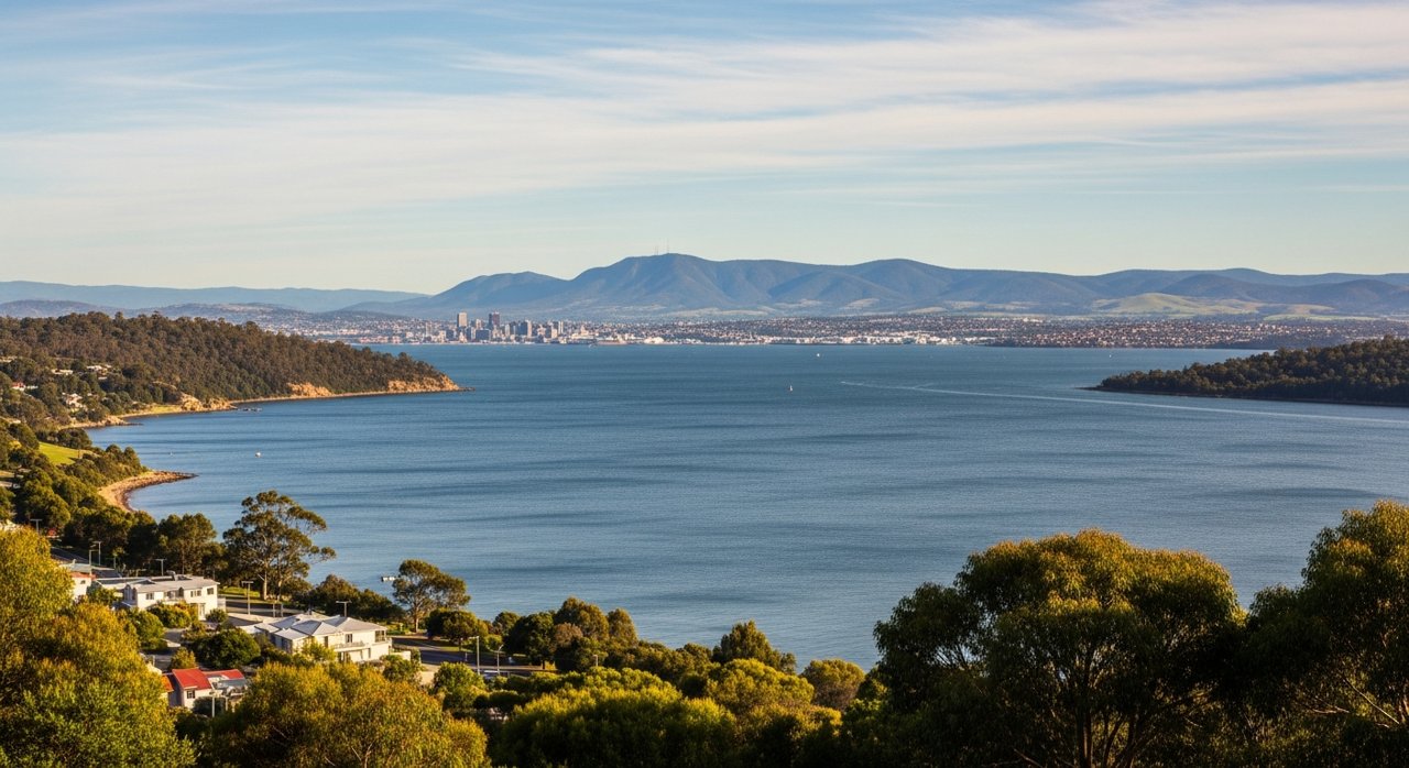 a scenic view of the River Derwent estuary and Hobart's Eastern Shore, Tasmania