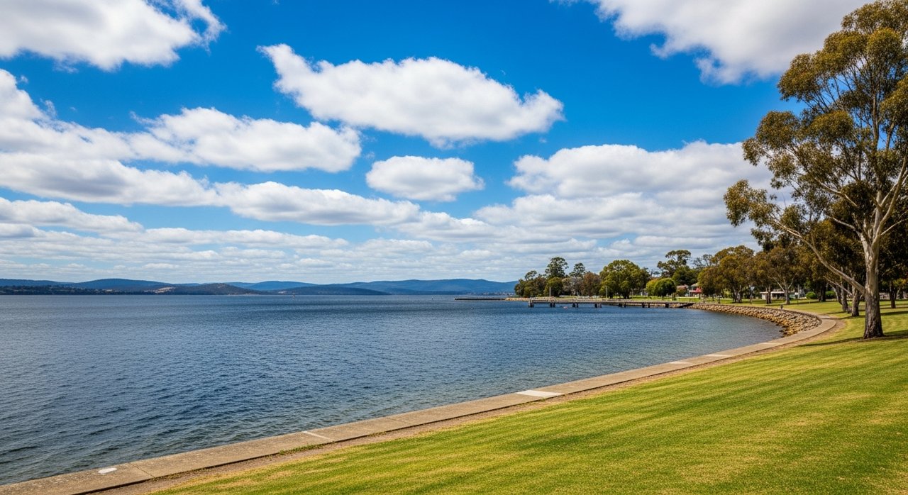 the River Derwent and the Eastern Shore foreshore under a dramatic Tasmanian sky