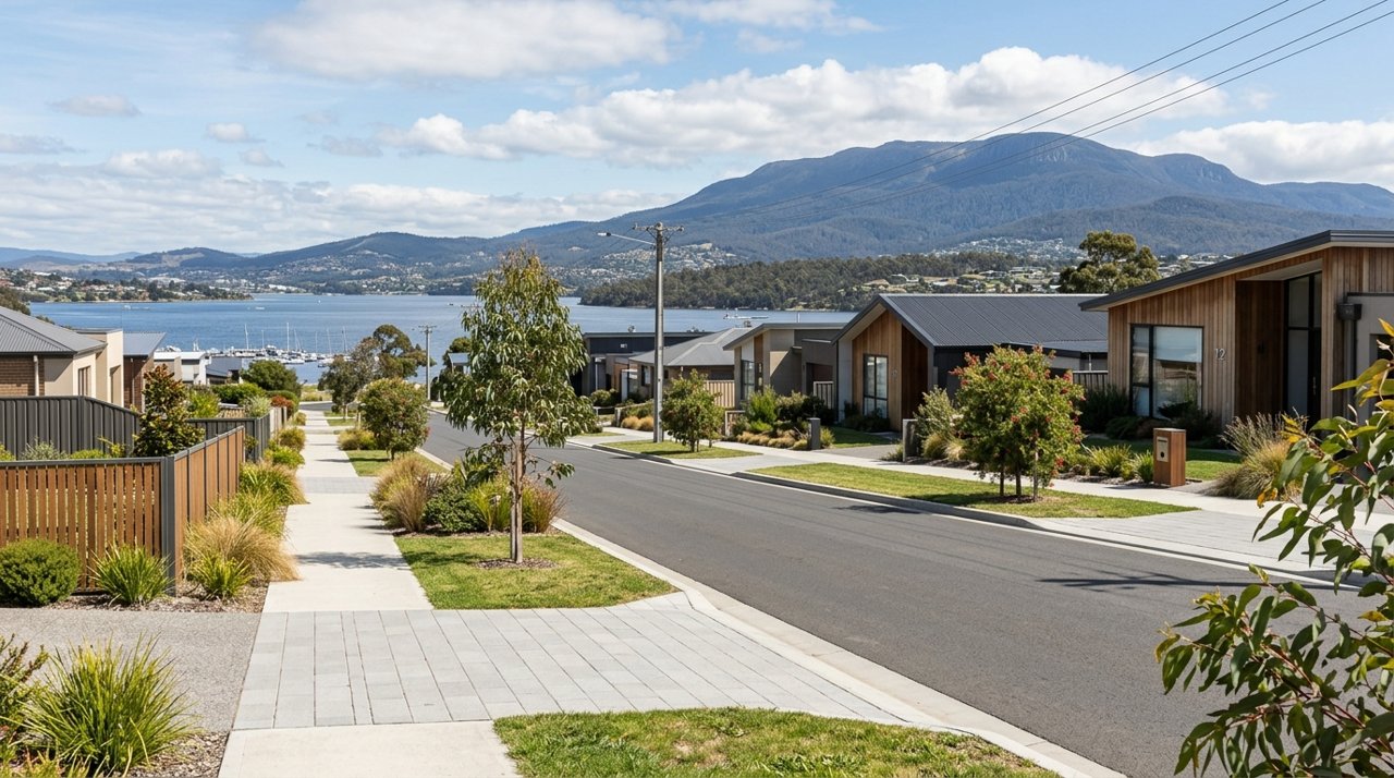 a modern Tasmanian suburban civic streetscape on Hobart's Eastern Shore, daytime, no identifiable people