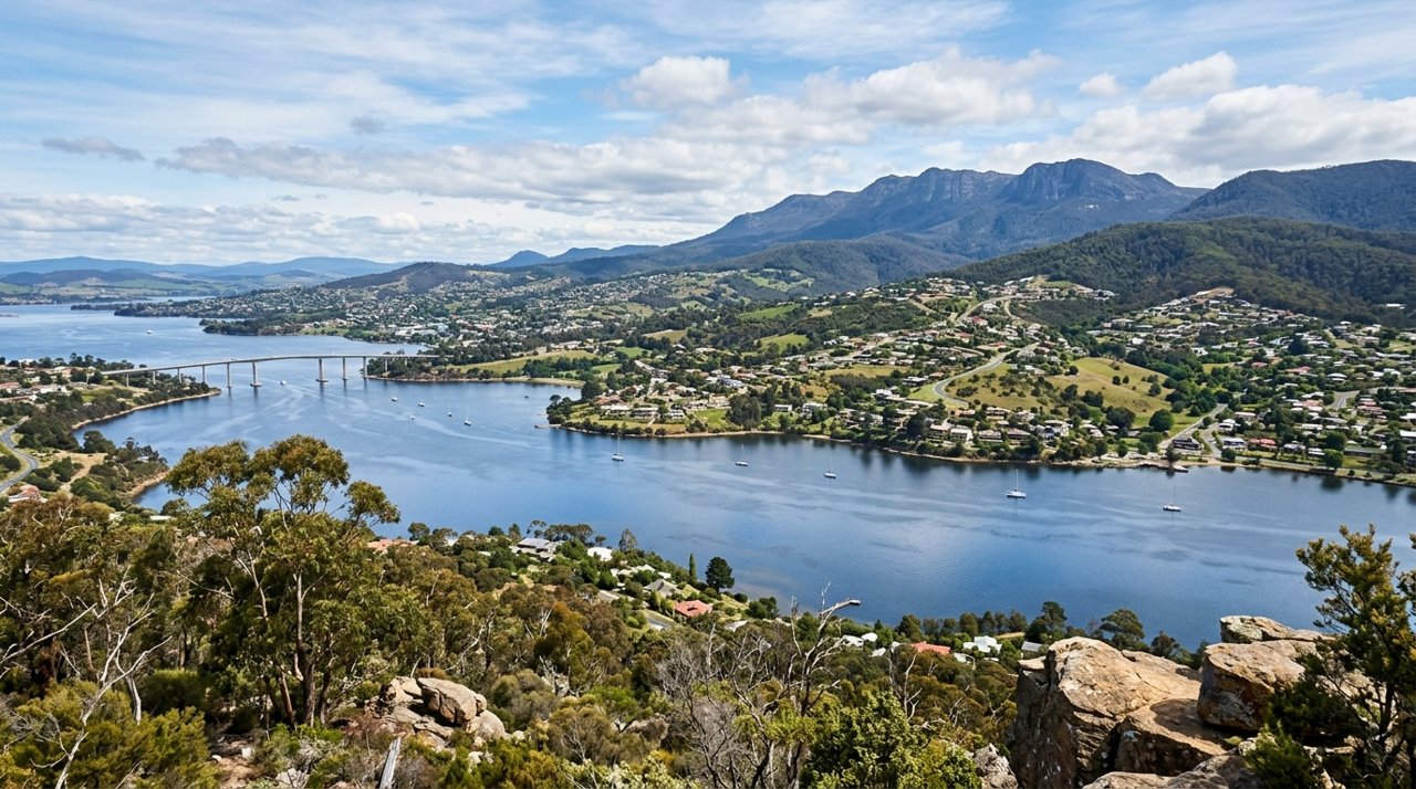 a scenic view of the River Derwent estuary and Hobart's Eastern Shore, Tasmania
